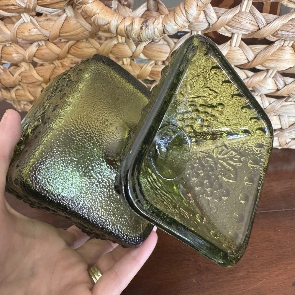 Vintage Indiana Glass Green Square Candy Dish Footed Pedestal Grape Vine